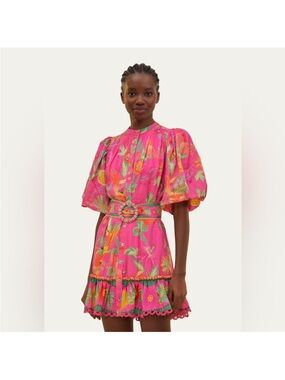 FARM Rio Pink Tropical Print Puff-Sleeve Mini Dress